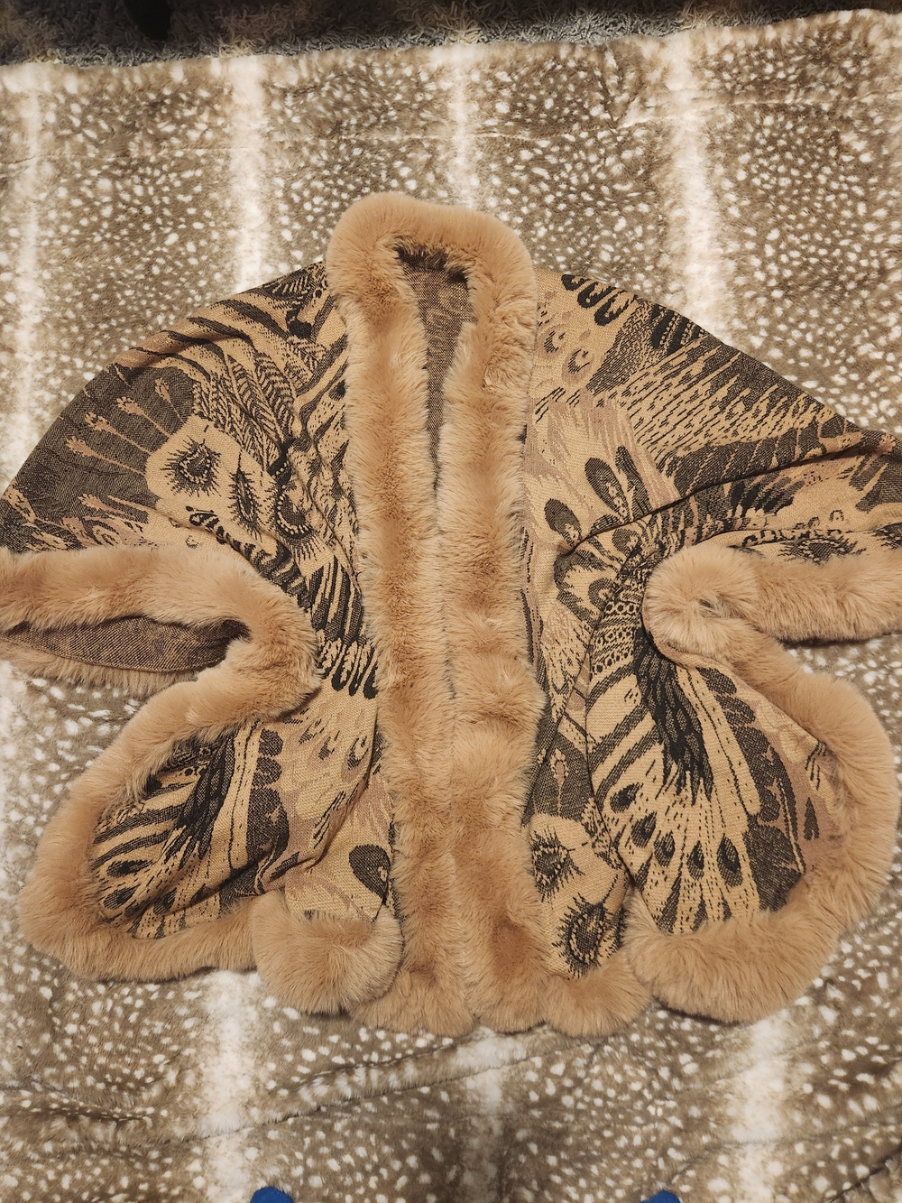 Brown & tan faux fur cloak with black & beige feather and sunburst design
